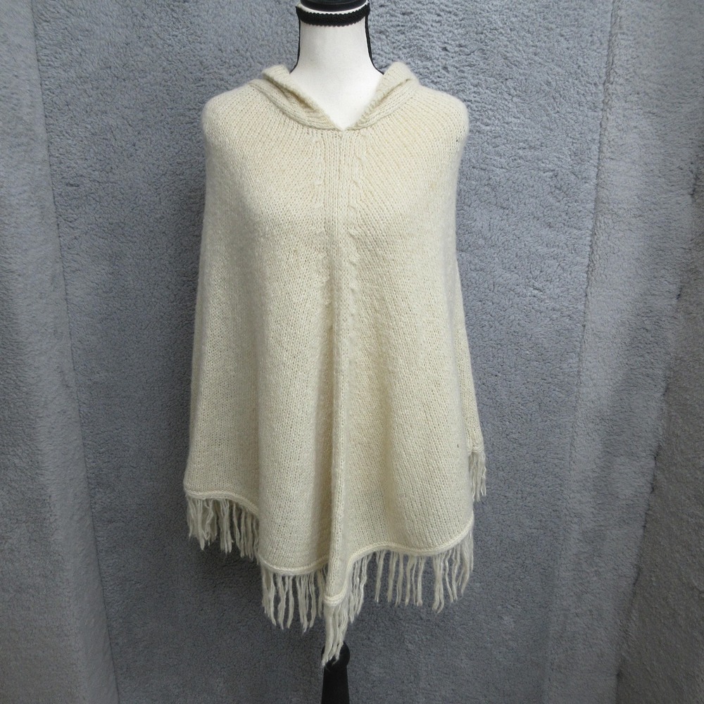 Steve Madden Hooded Knit Fringe Poncho Cape White OS Wool Blend Boho Cottage